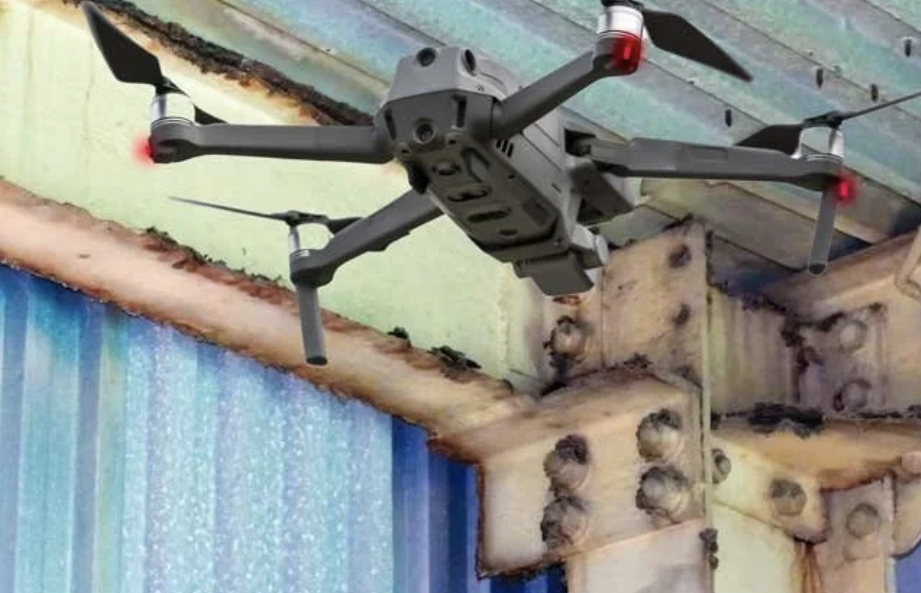 Aerial drone surveying a structural steel facility